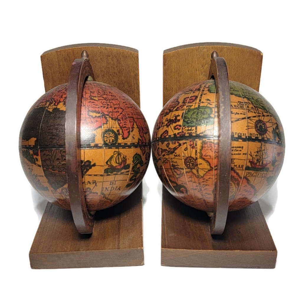 Vintage Pair of Old World Wood Globe Bookends W/ Dragons & Poseidon - Picture 2 of 7
